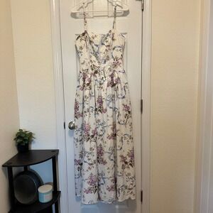 Floral Bow Print Maxi‎ Dress Corset Bodice White Purple Summer Garden Party M